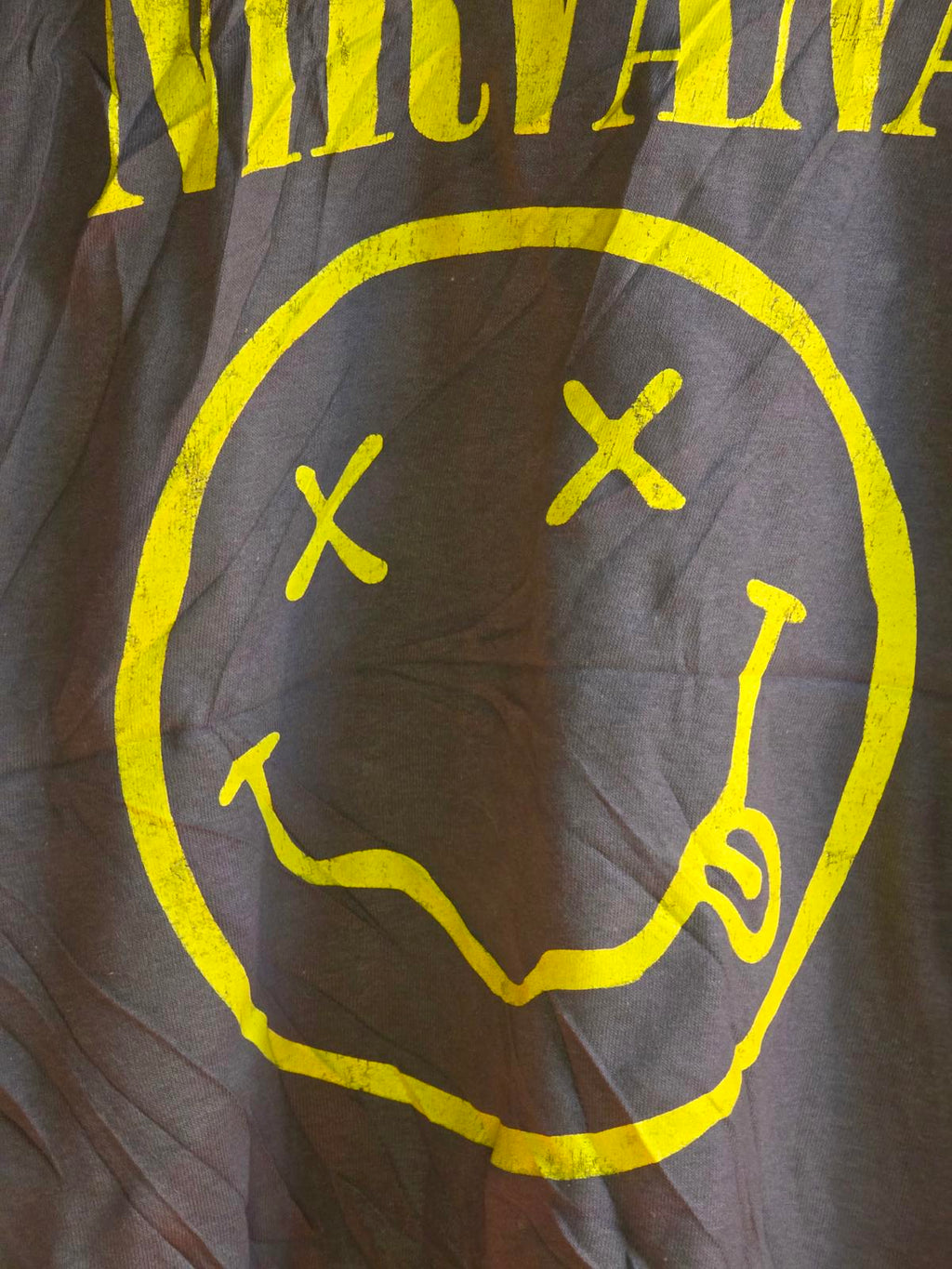 Nirvana T-Shirt Smiley Face Graphic Yellow Print Brown Small