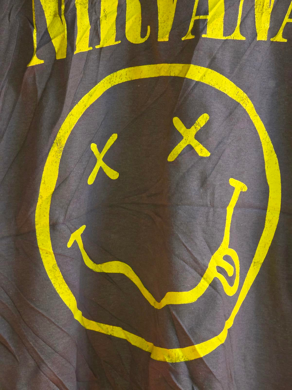 Nirvana T-Shirt Smiley Face Graphic Yellow Print Brown Small