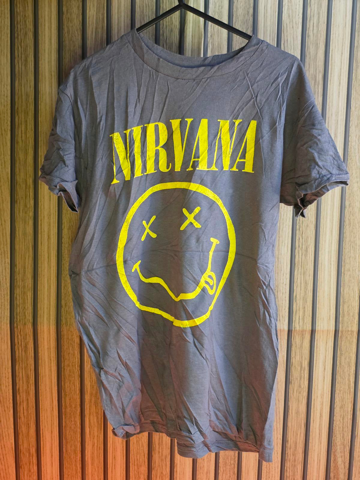 Nirvana T-Shirt Smiley Face Graphic Yellow Print Brown Small