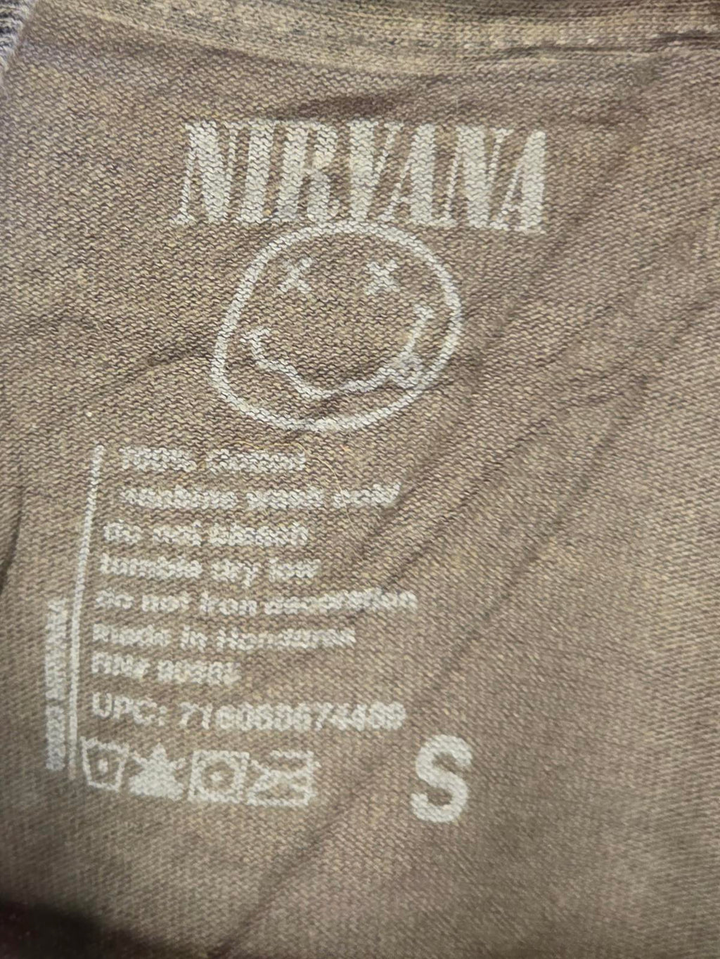 Nirvana T-Shirt Smiley Face Graphic Yellow Print Brown Small