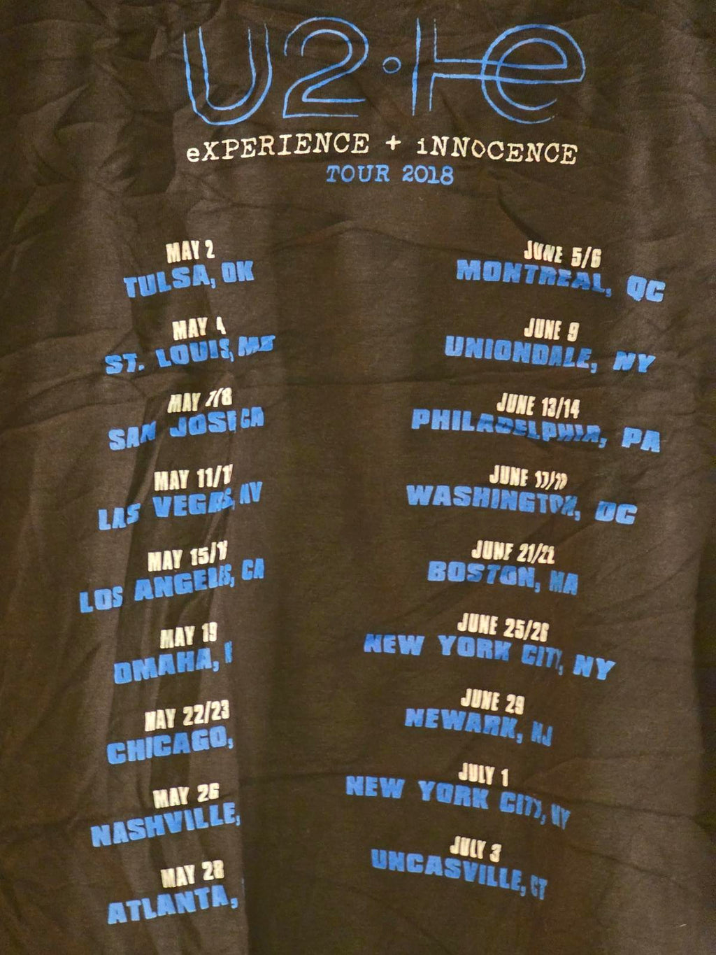 U2 Experience + Innocence Tour 2018 Black Graphic T-Shirt XL