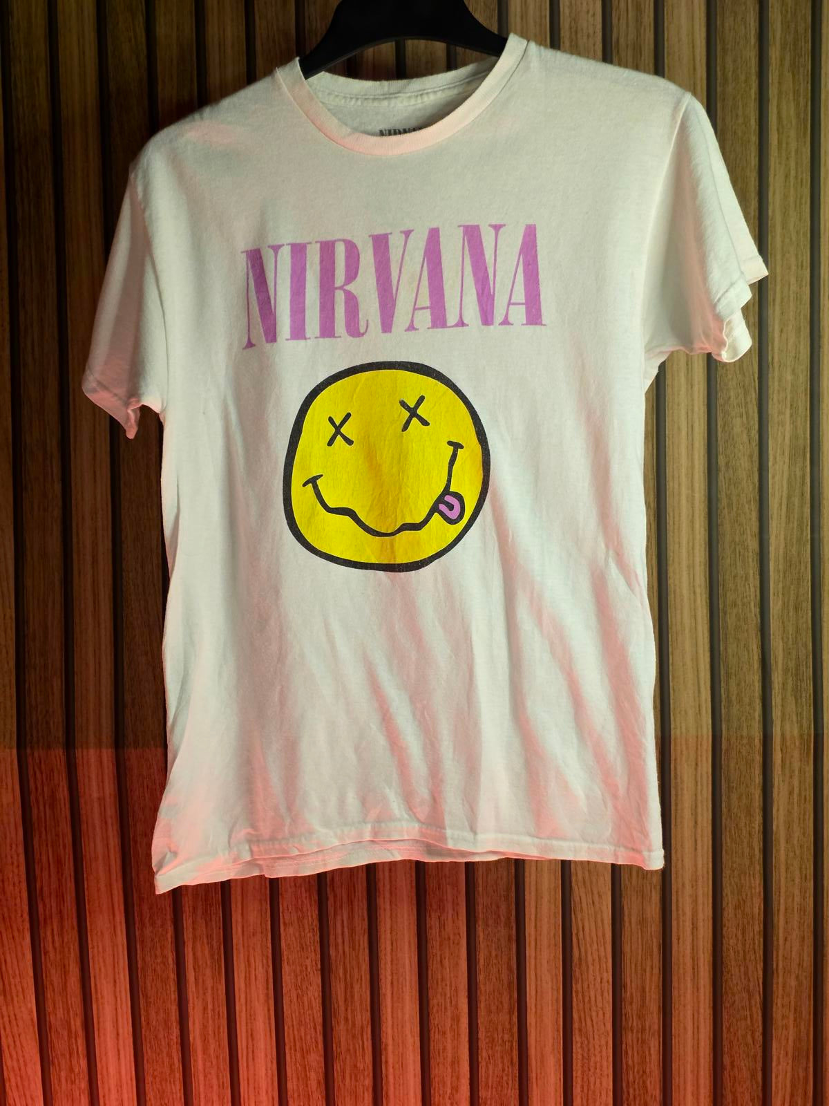 Nirvana Smiley Face Graphic T-Shirt White Size Youth Large