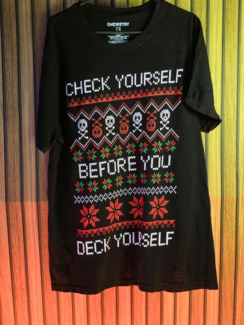 Chemistry Check Yourself Before You Deck Yourself Graphic T-Shirt Black Large