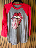 Graphic Long Sleeve T-Shirt Red Grey Rolling Stones Style
