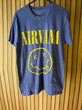 Nirvana Smiley Face Graphic T-Shirt Yellow Print on Navy Blue Medium
