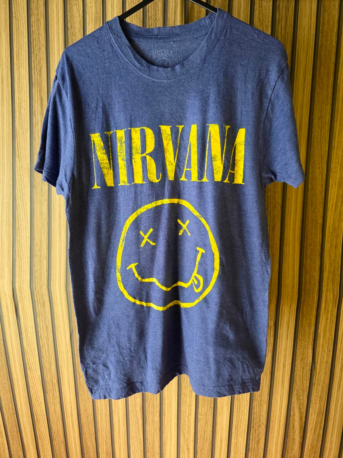 Nirvana Smiley Face Graphic T-Shirt Yellow Print on Navy Blue Medium