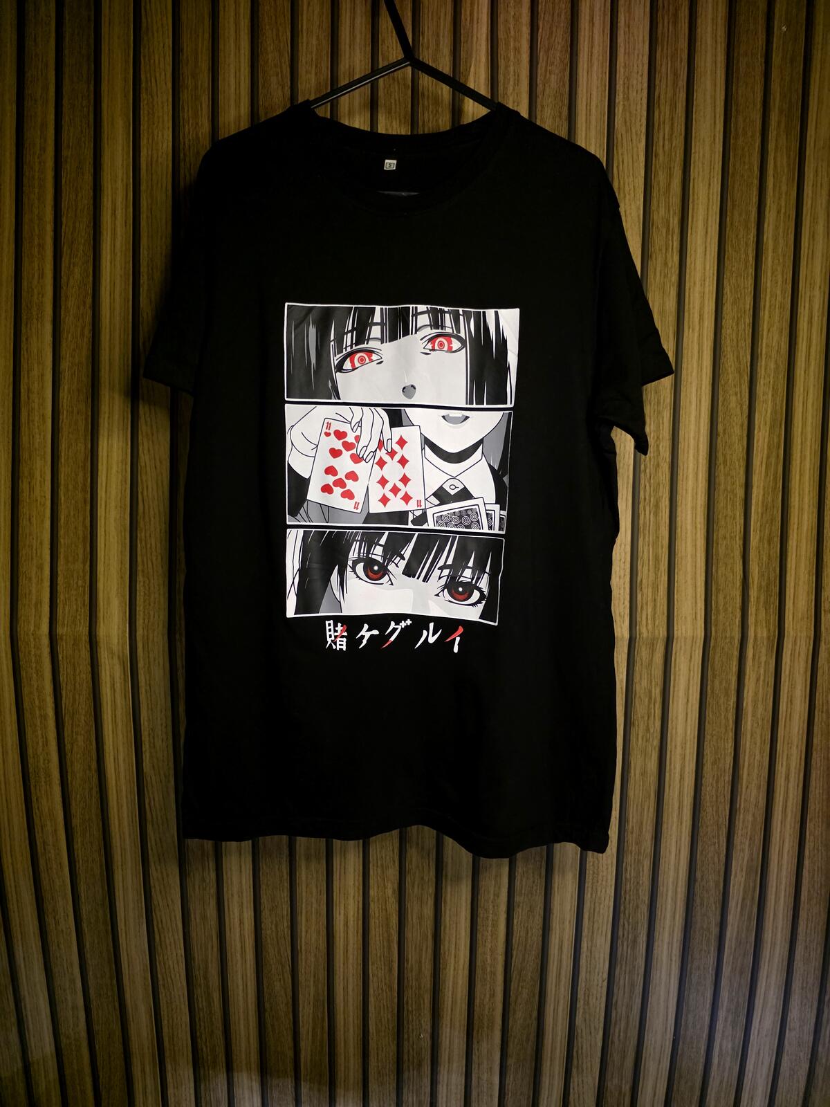 Anime Graphic Black T-Shirt with Playing Cards Design Size S