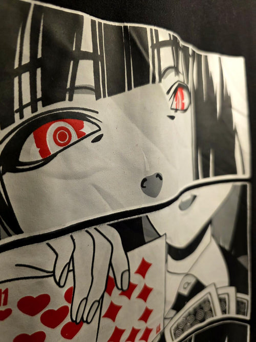 Anime Graphic Black T-Shirt with Playing Cards Design Size S