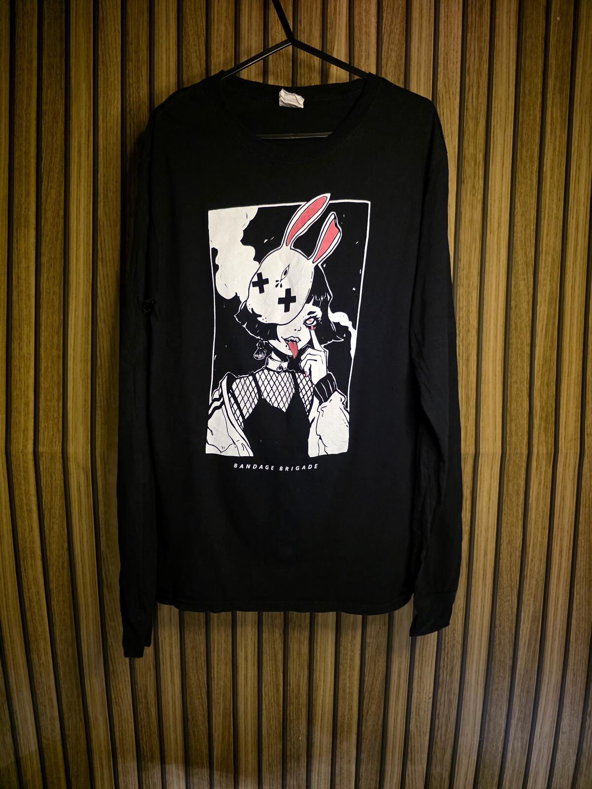 Fruit of the Loom Long Sleeve T-Shirt Black Bunny Graphic Small