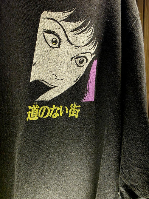 Black Graphic Anime Face T-Shirt with Japanese Text Size M