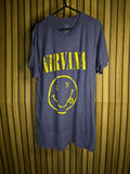 Nirvana Smiley Face Graphic T-Shirt Yellow Print on Navy Blue Size L