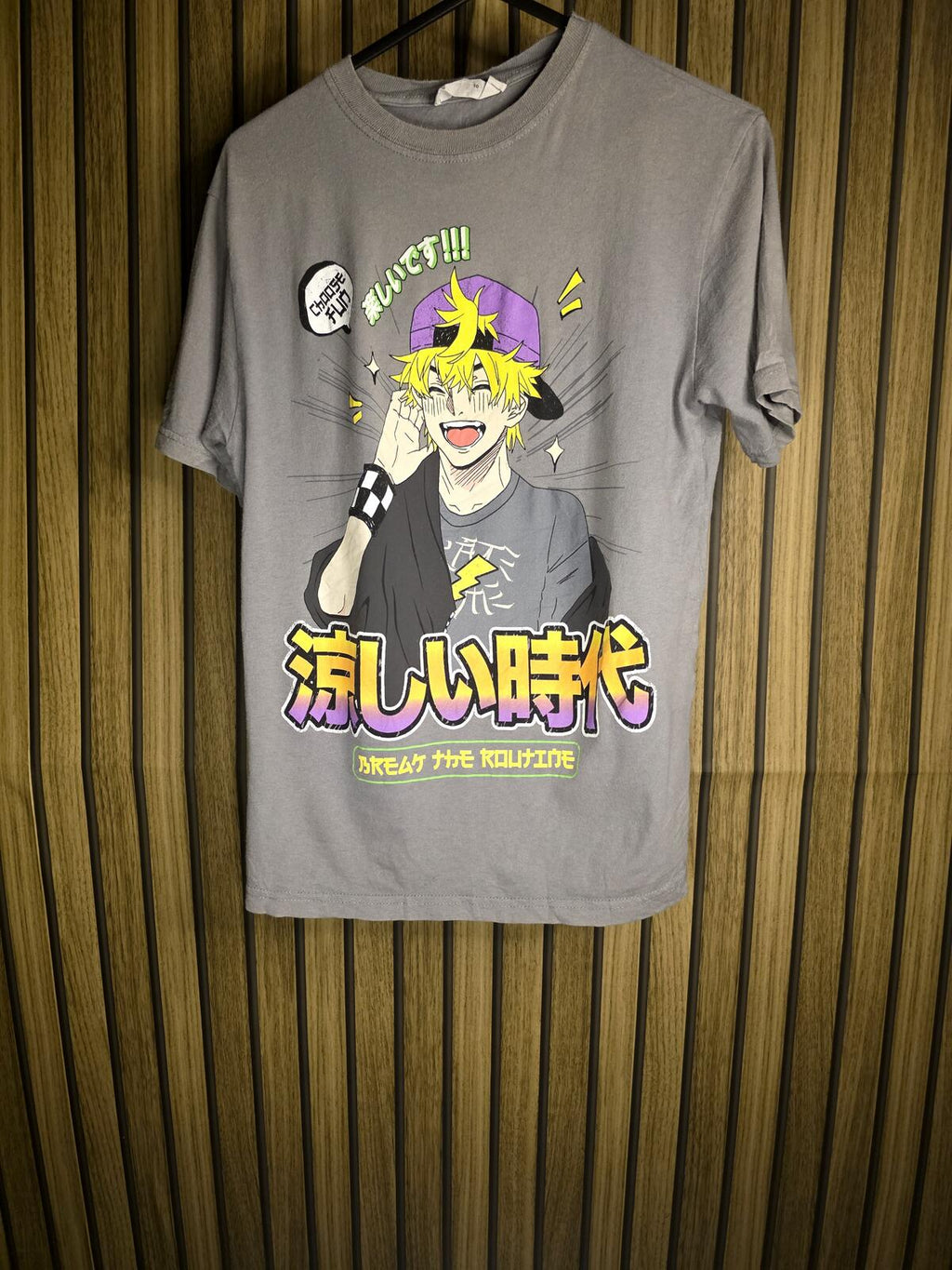 Anime Graphic T-Shirt Yellow Purple Grey Size 10