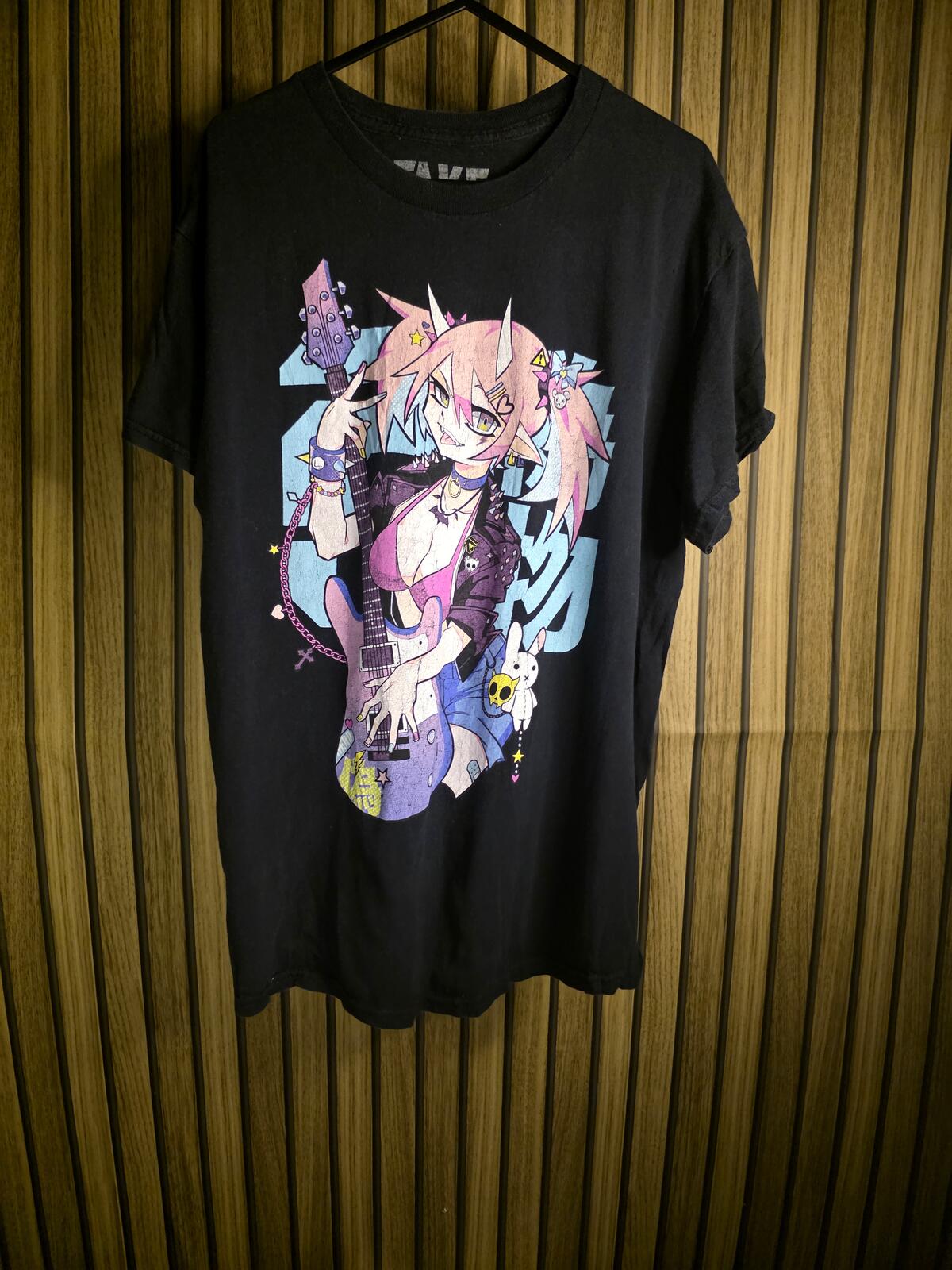 Black Anime Graphic T-shirt with Pink and Blue Print Size M