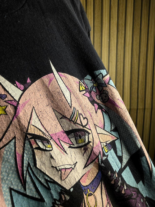 Black Anime Graphic T-shirt with Pink and Blue Print Size M