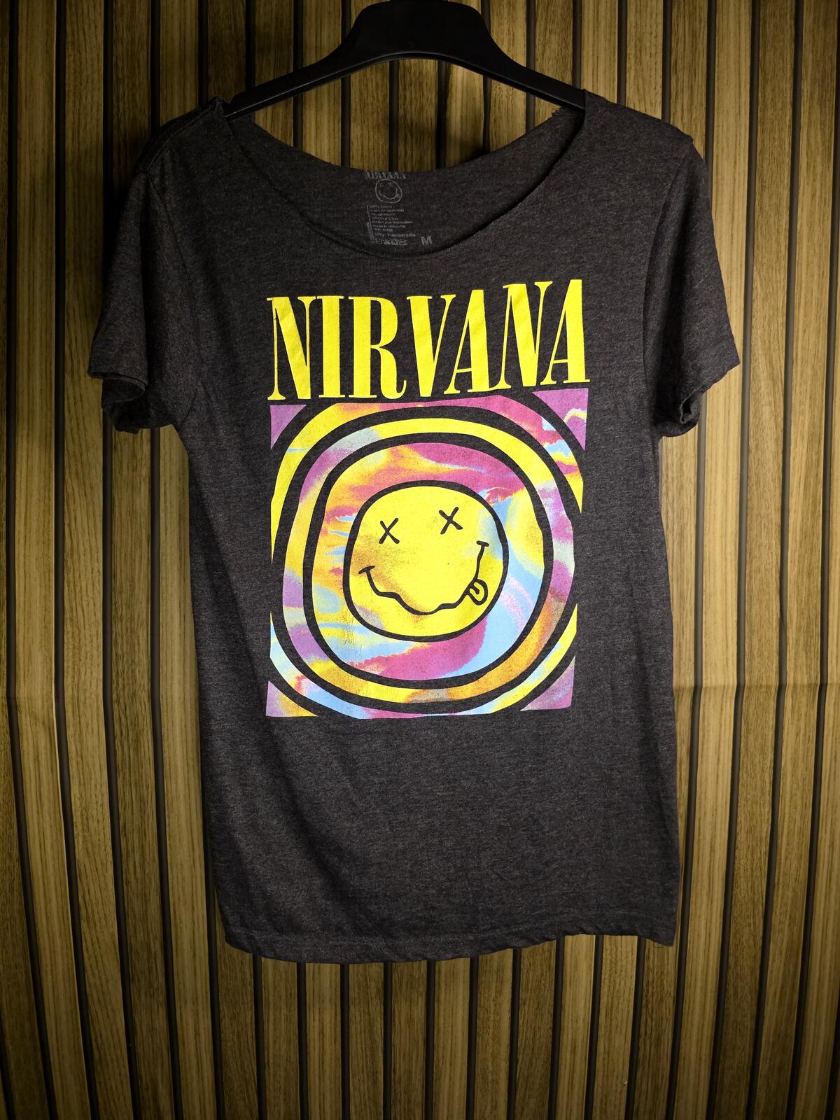 Nirvana Tie-Dye Smiley Face Graphic T-Shirt Charcoal Grey Medium