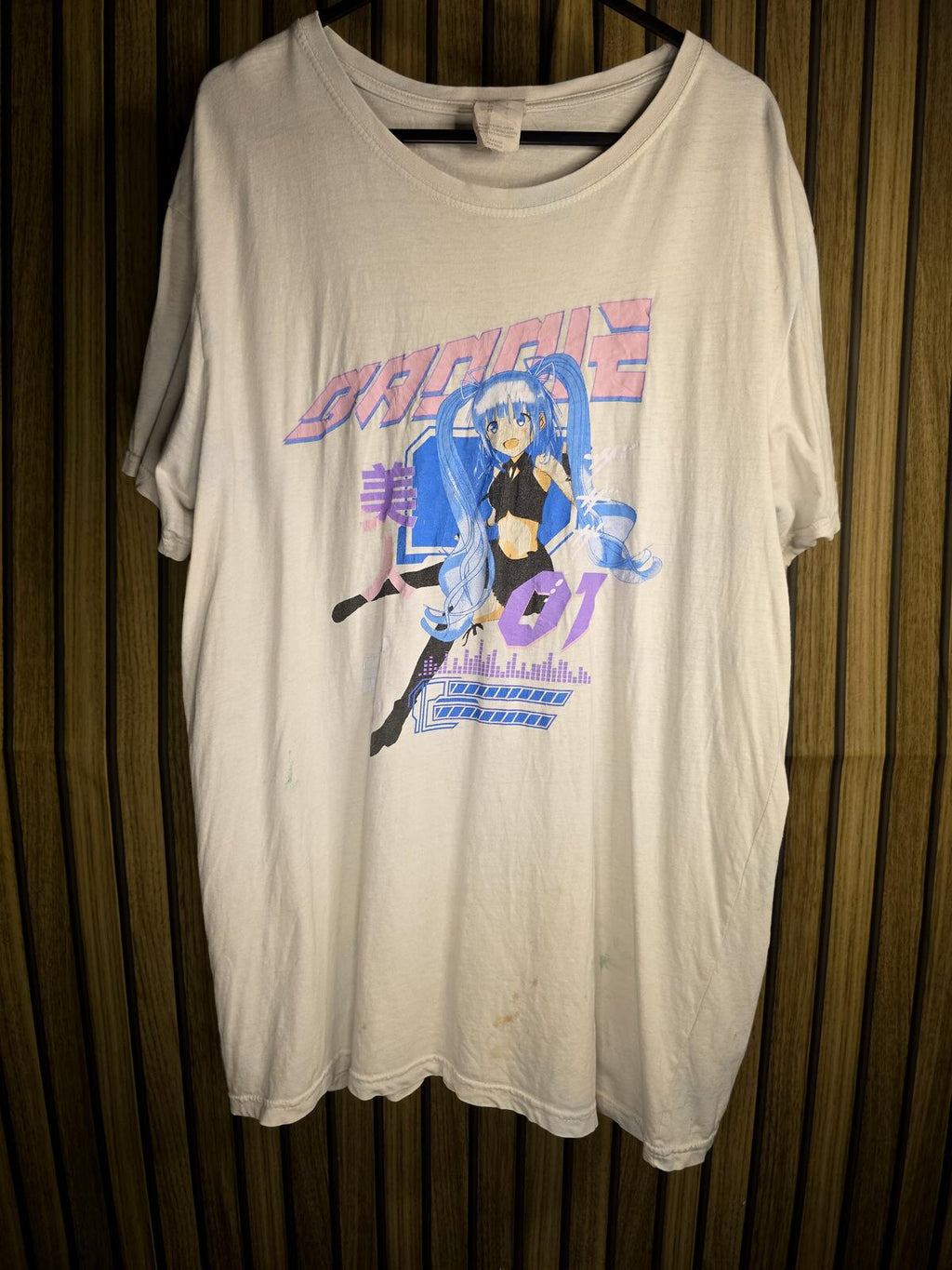 Anime Graphic White T-shirt with Blue and Pink Print Size L