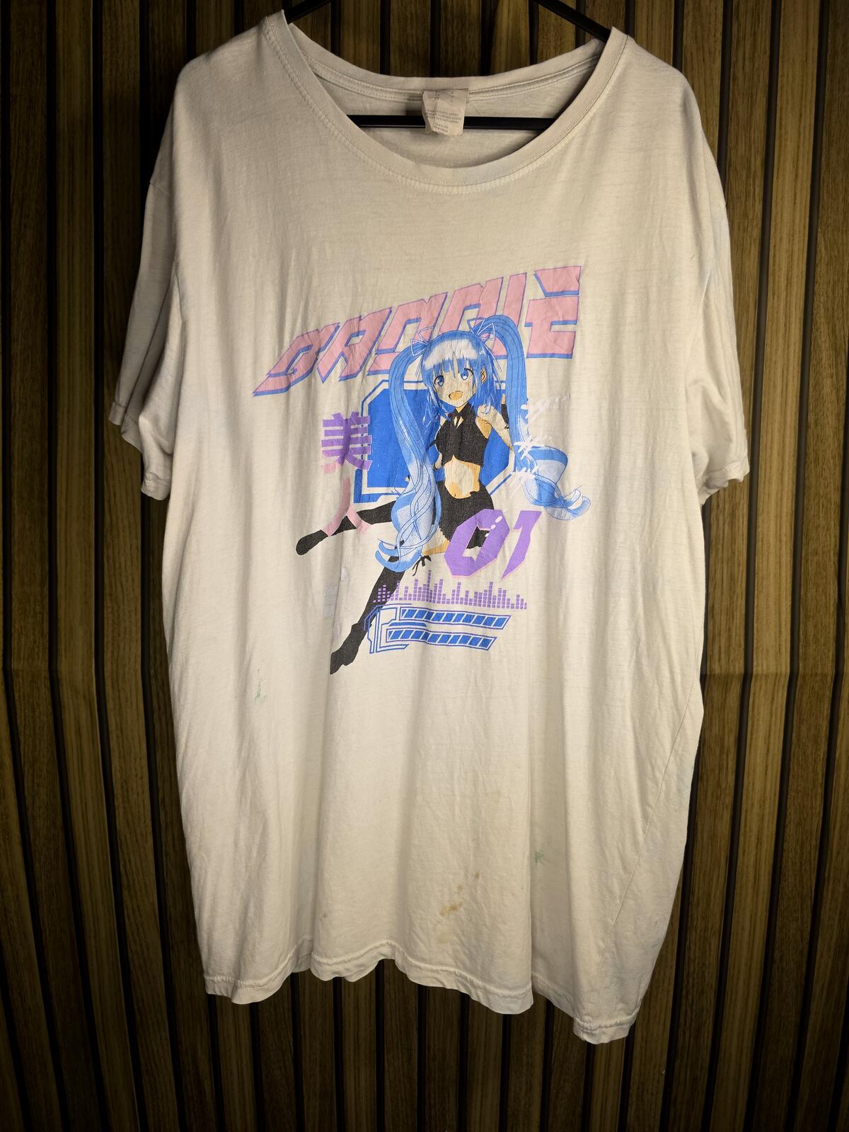 Anime Graphic White T-shirt with Blue and Pink Print Size L