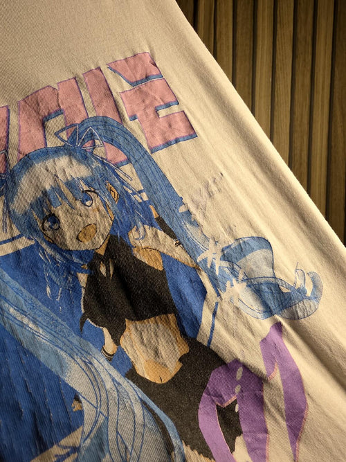 Anime Graphic White T-shirt with Blue and Pink Print Size L