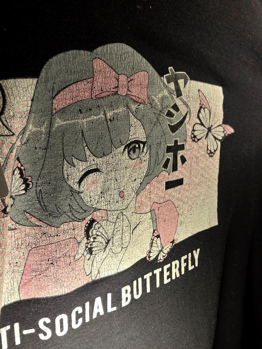 Anti-Social Butterfly Anime Black T-Shirt Size L