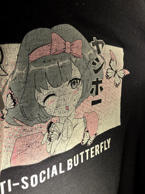 Anti-Social Butterfly Anime Black T-Shirt Size L