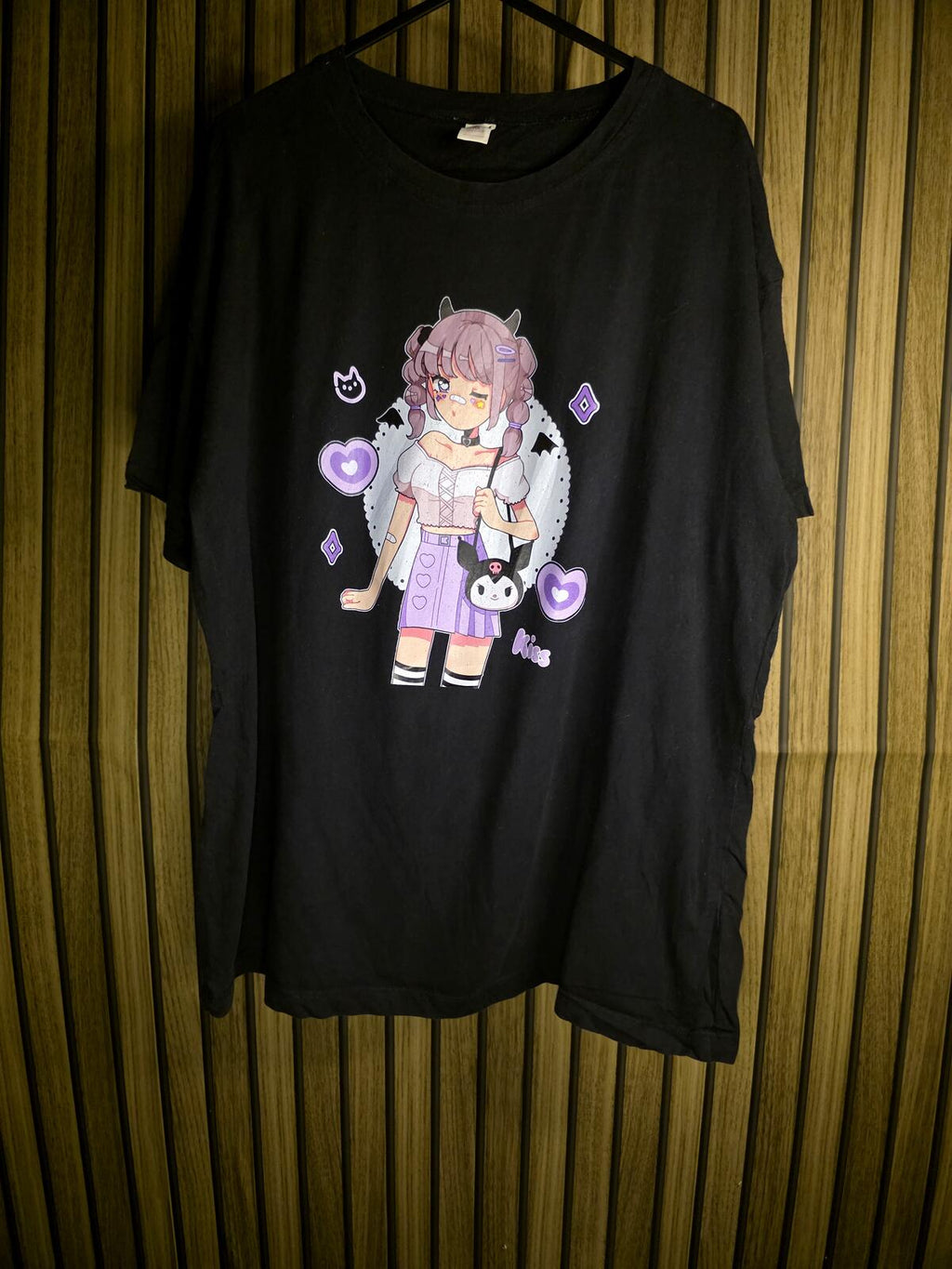 Kuromi Romwe Black Graphic T-shirt with Anime Style Print Size M