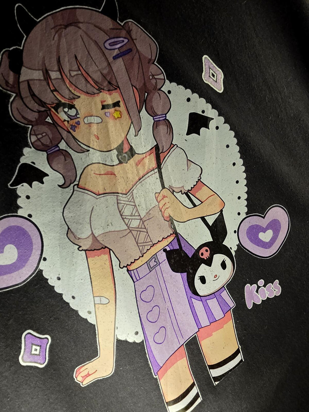 Kuromi Romwe Black Graphic T-shirt with Anime Style Print Size M