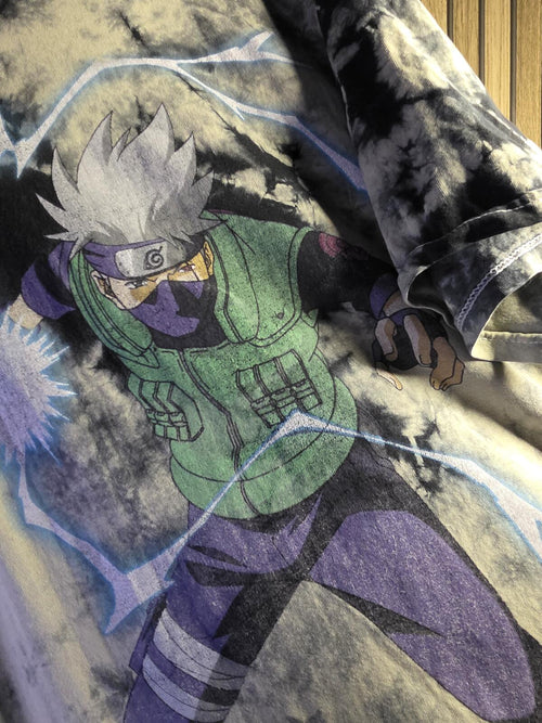 Anime Graphic Tie-Dye T-Shirt Black and White Size M