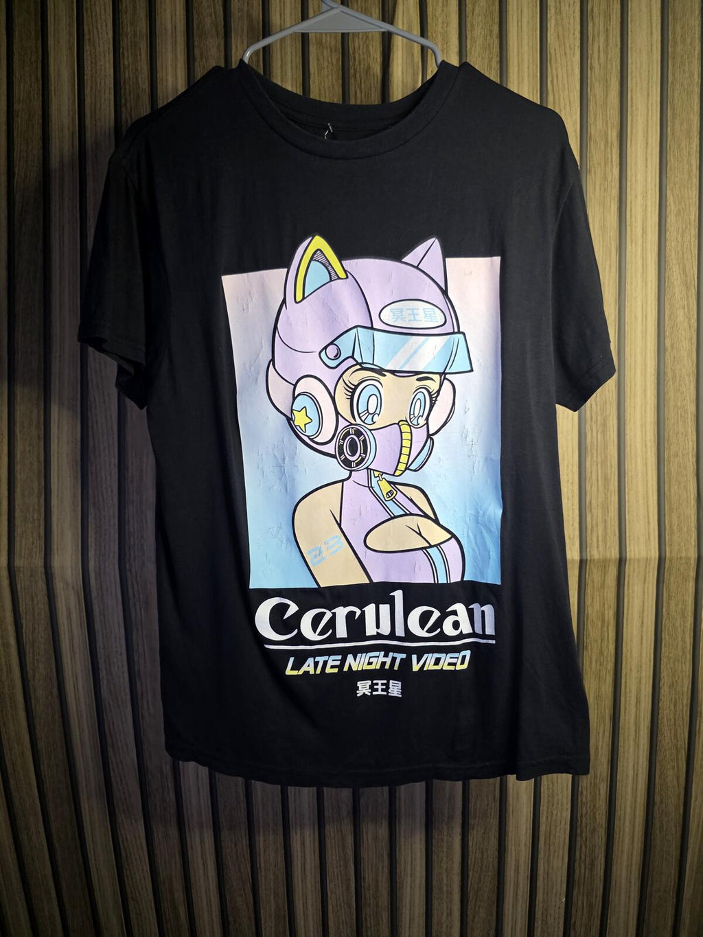 Cerulean Graphic T-Shirt Cat Helmet Design Black Size S