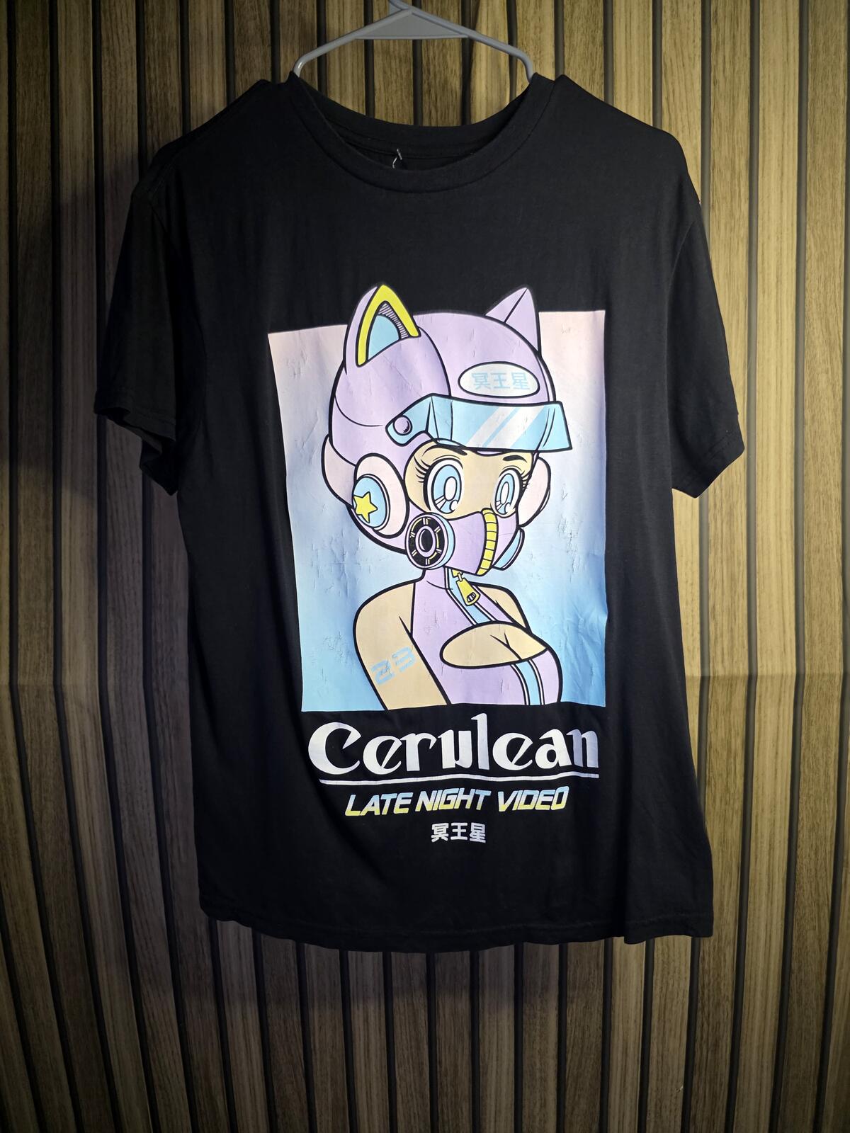 Cerulean Graphic T-Shirt Cat Helmet Design Black Size S