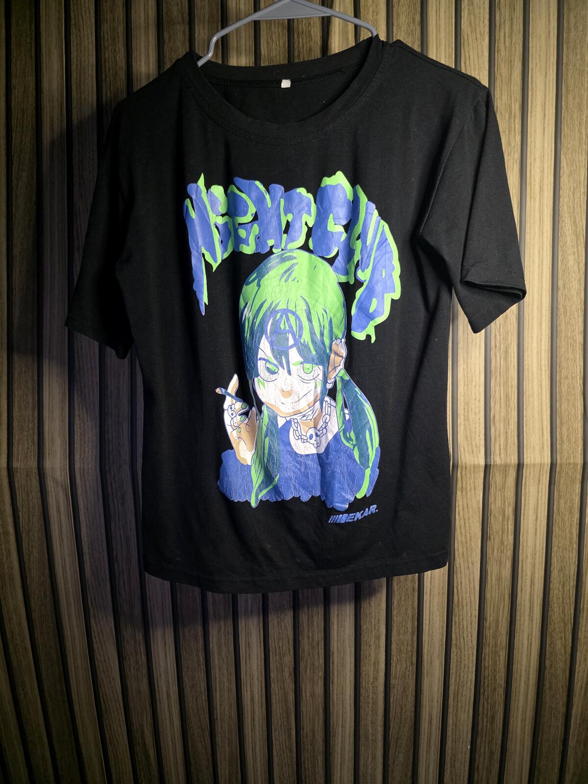 Jun Inagawa Graphic Anime Character Black T-shirt Green Blue Print Size XS