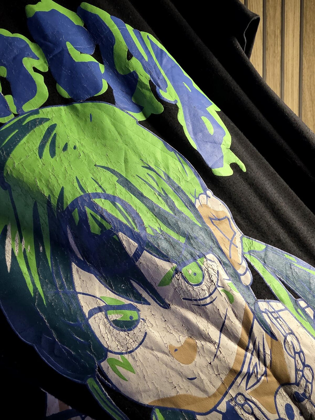 Jun Inagawa Graphic Anime Character Black T-shirt Green Blue Print Size XS