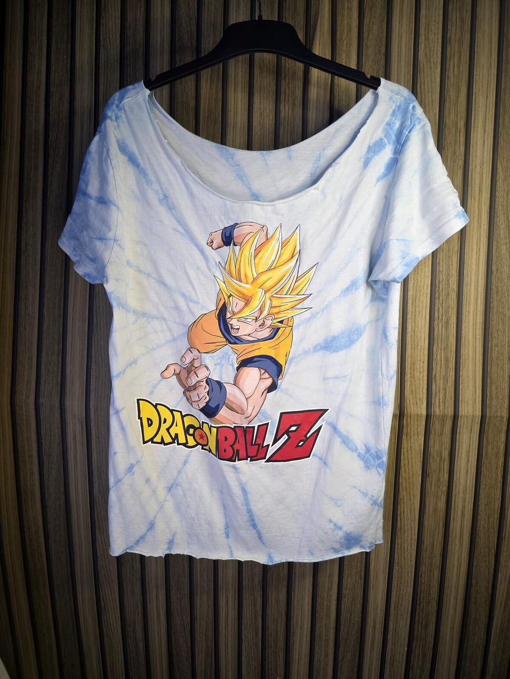 Dragon Ball Z Graphic Altered Collar T-shirt Tie-Dye Blue White Size Small