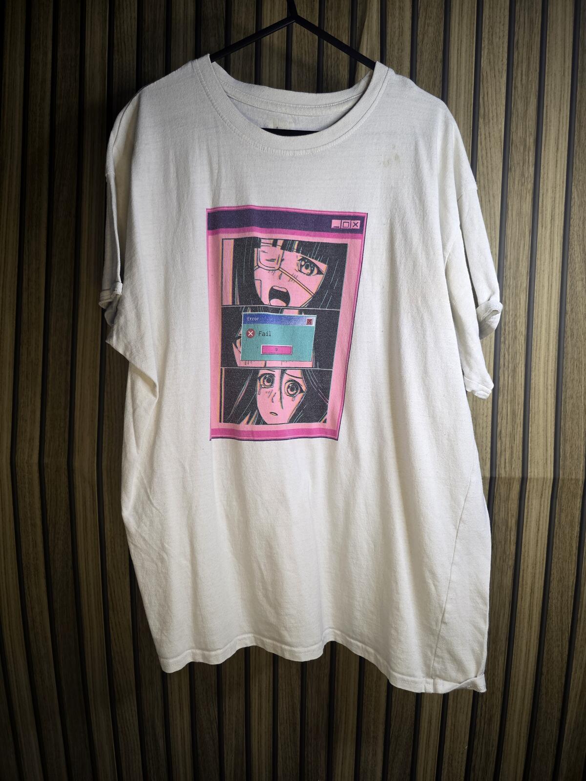 Anime Graphic T-shirt with Error Message Print Beige Large
