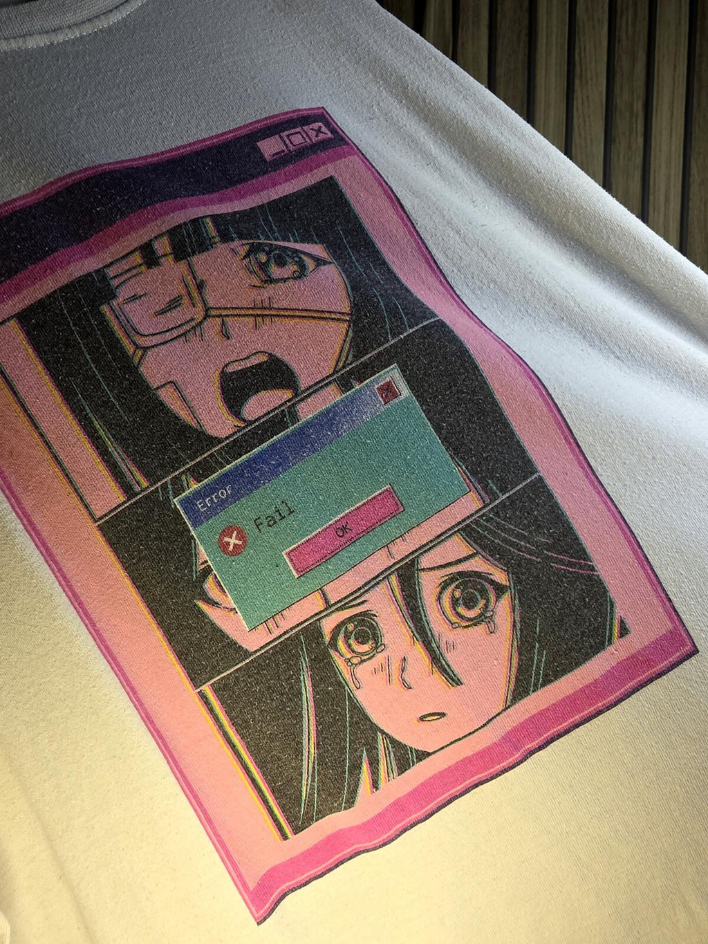 Anime Graphic T-shirt with Error Message Print Beige Large