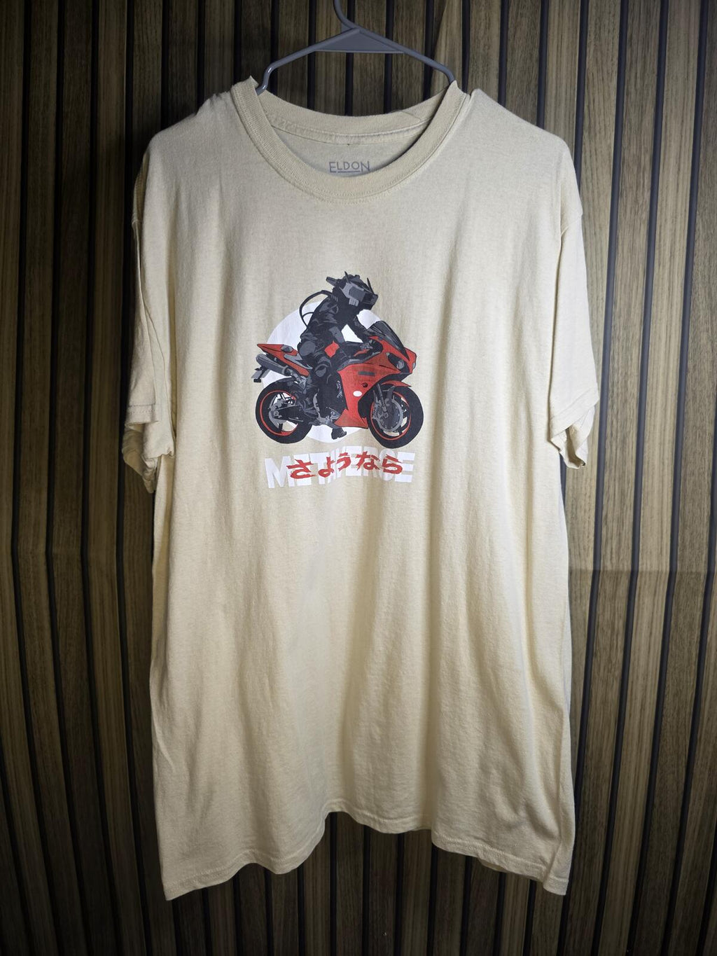 ELDON Graphic Motorcycle Tee Japanese Text Cream Regular L