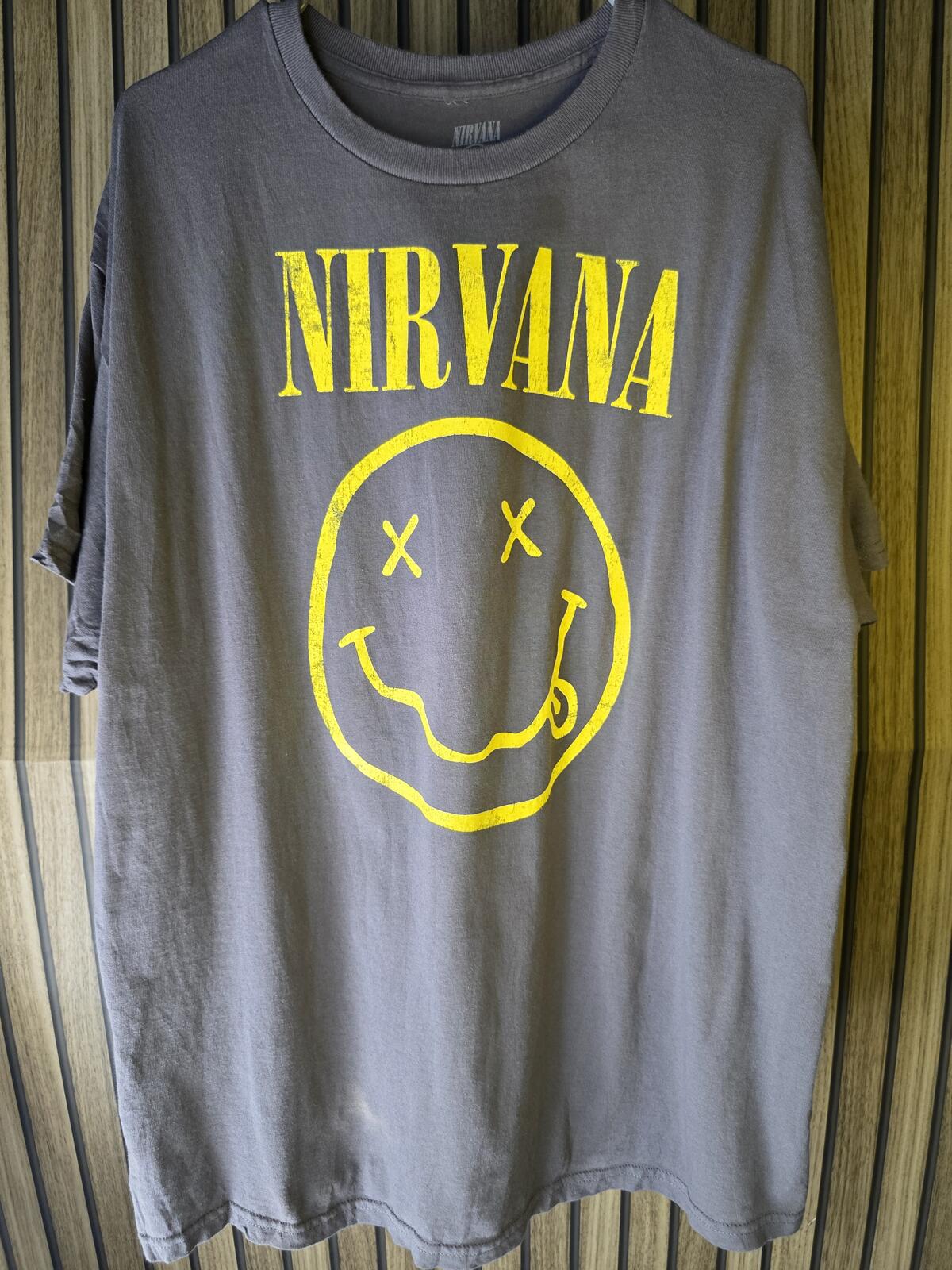 Nirvana Smile Face Graphic T-Shirt Yellow on Grey XL