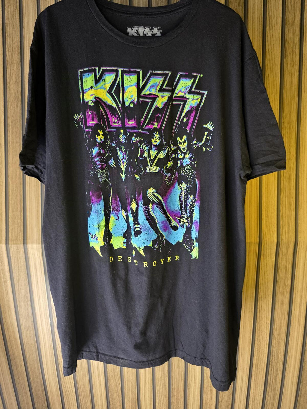 KISS Destroyer Graphic T Shirt Neon Print Black Large