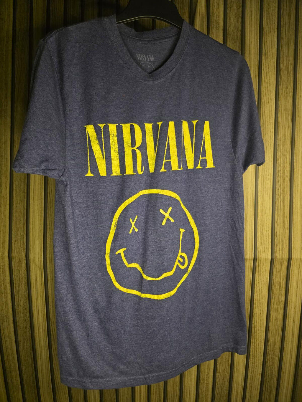 Nirvana Smiley Face Graphic T-Shirt Yellow Print Charcoal Grey Small