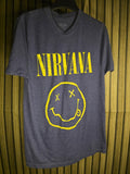 Nirvana Smiley Face Graphic T-Shirt Yellow Print Charcoal Grey Small
