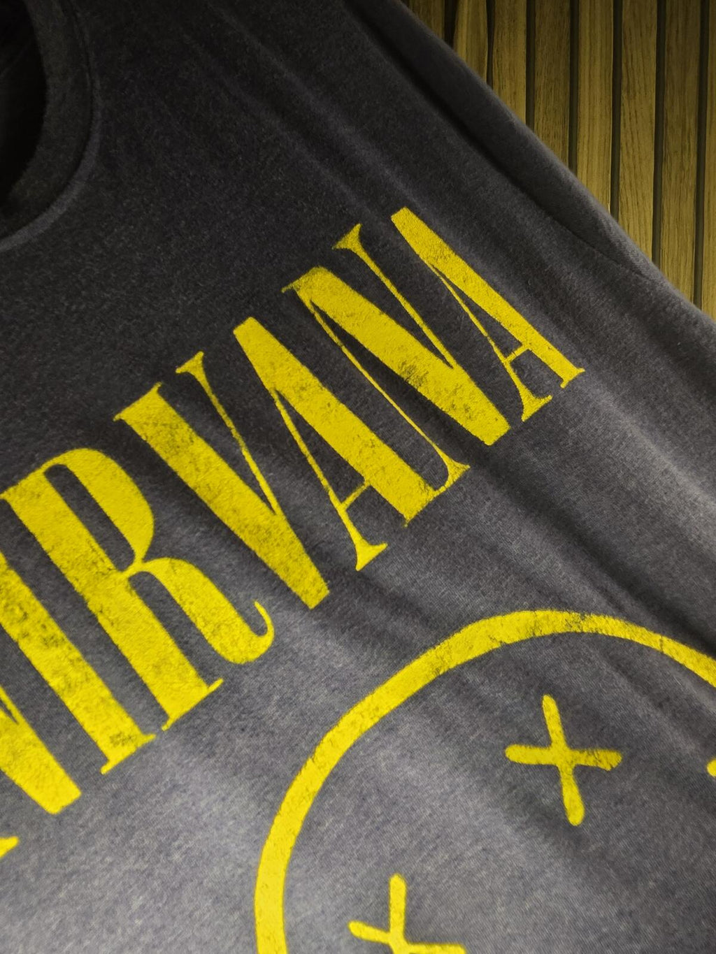 Nirvana Smiley Face Graphic T-Shirt Yellow Print Charcoal Grey Small