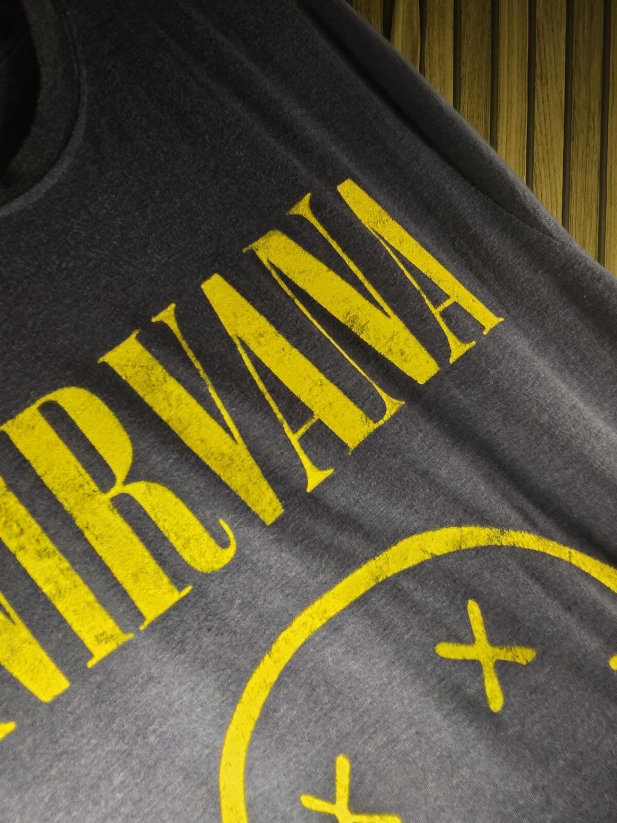Nirvana Smiley Face Graphic T-Shirt Yellow Print Charcoal Grey Small