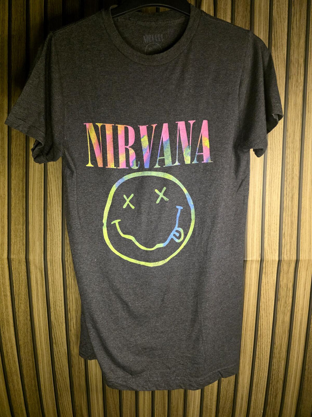 Nirvana Smiley Face Graphic T Shirt Neon Print Black Size Small