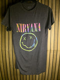 Nirvana Smiley Face Graphic T Shirt Neon Print Black Size Small