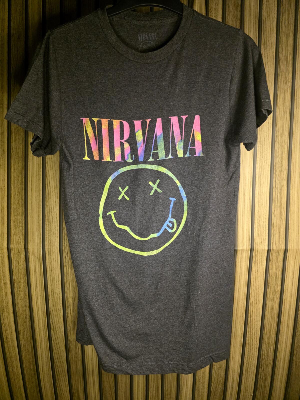 Nirvana Smiley Face Graphic T Shirt Neon Print Black Size Small