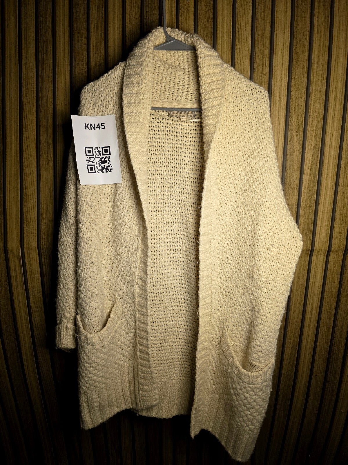 Cream Knit Cardigan Shawl Collar Large KN45