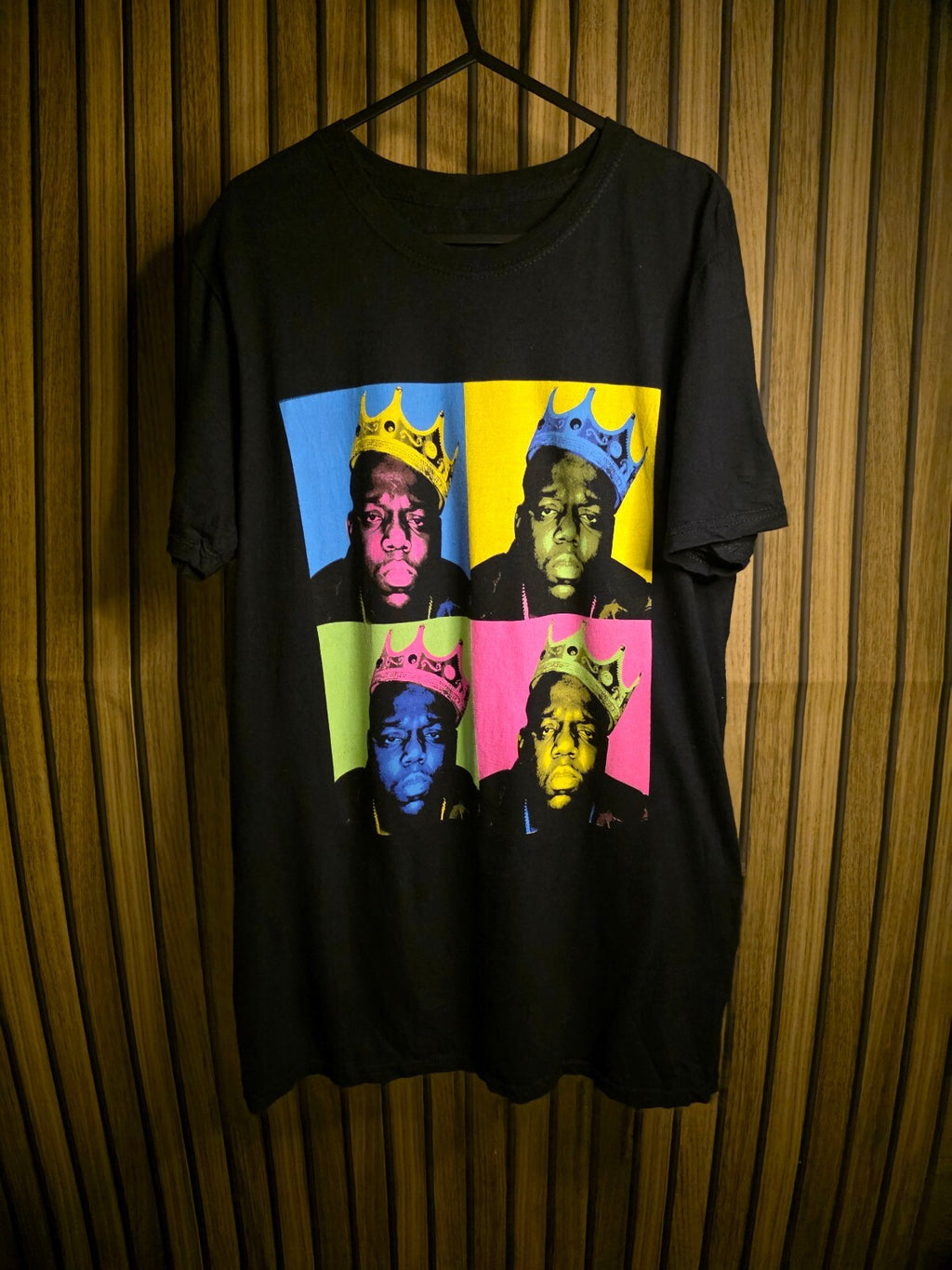 Black Pop Art Graphic T-Shirt with Colourful Crowned Portraits Size M