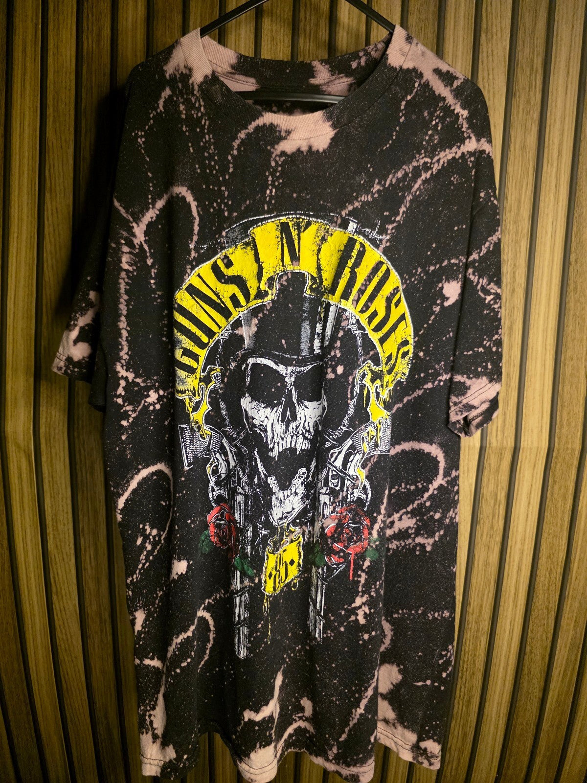 Guns N' Roses Band Graphic Tie-Dye T-Shirt Black Pink Bleach Effect Size M