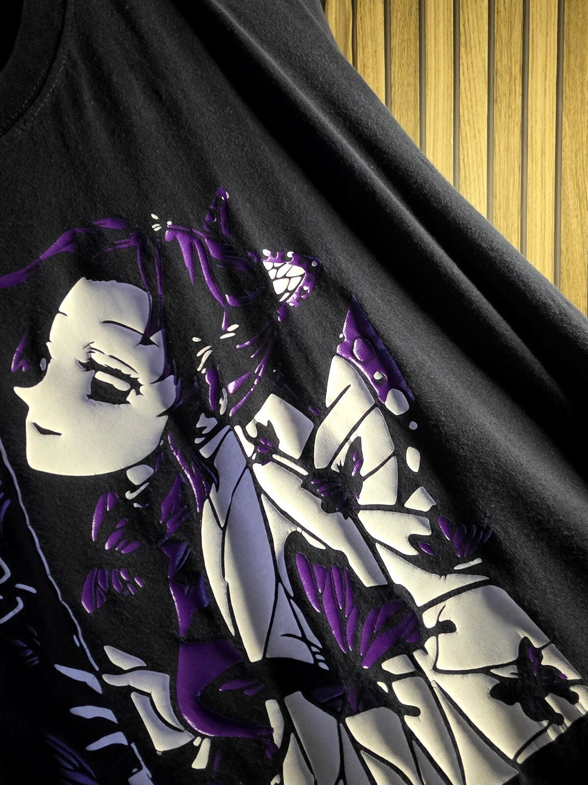 Demon Slayer Black Anime Graphic T-Shirt Purple White Butterflies Size S