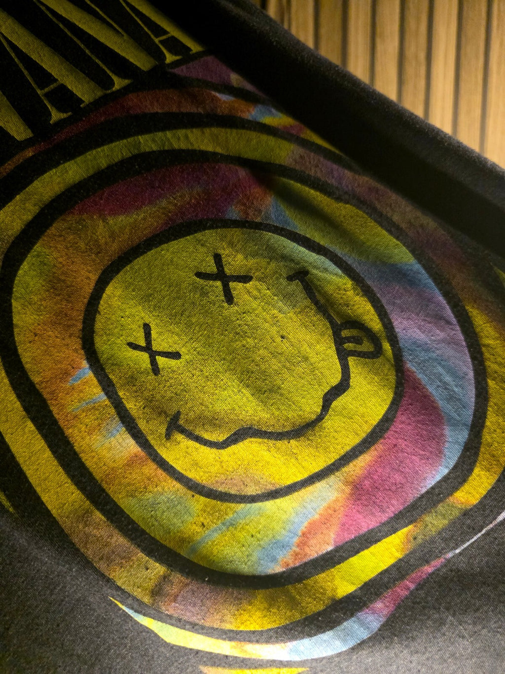 Nirvana Smiley Face Graphic T-Shirt Tie-Dye Print Charcoal Grey Medium