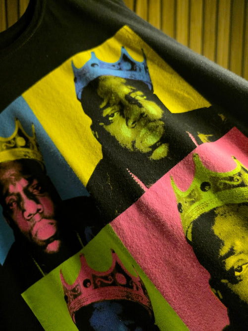 Black Pop Art Graphic T-Shirt with Colourful Crowned Portraits Size M